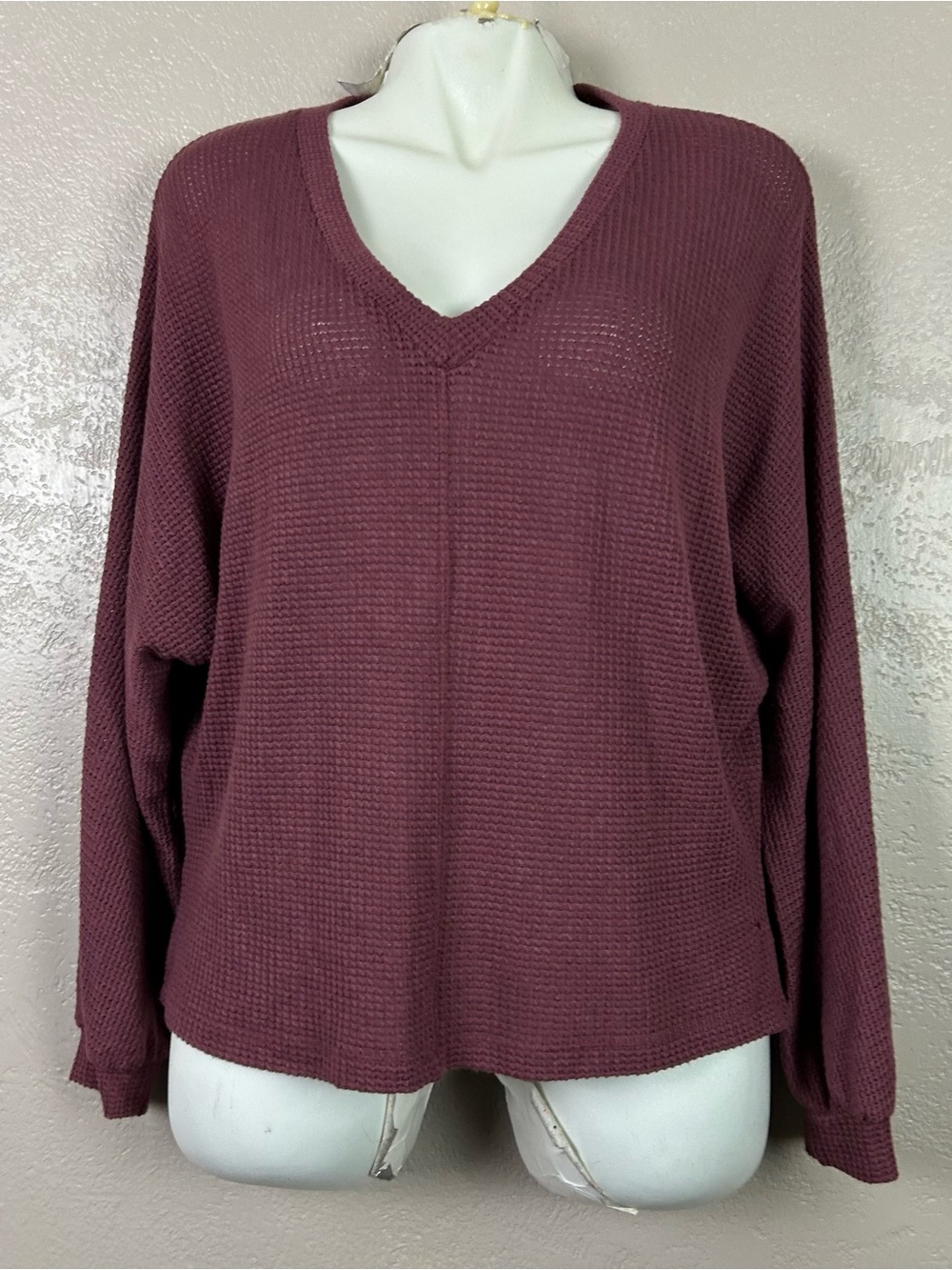 Choose 5 for $30 All in Favor Women's V-Neck Waffle Knit Sweater - Wine/Burgundy